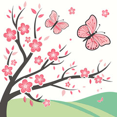 Pink cherry blossom tree with butterflies