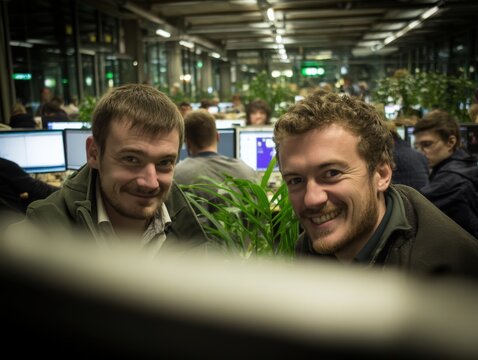 Enthusiastic young professionals collaborating in a modern workspace filled with greenery showcasing commitment to teamwork and innovation captured with clarity - Powered by Adobe