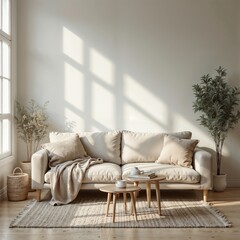 Minimalist living room interior neutral style in warm light showcasing cozy elegance 