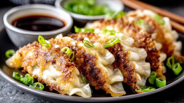 Pan fried gyoza dumplings with soy sauce and green onions