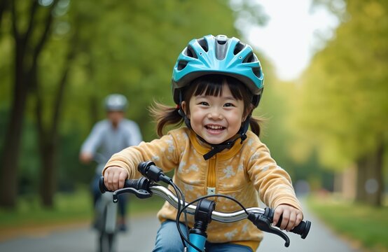 Happy little asian girl wears helmet riding bike outdoors. A person follows closely on another bicycle in park. Childhood fun, outdoor activity, healthy lifestyle, family bonding.
