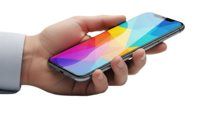 A hand holding a smartphone with a colorful abstract wallpaper against a black background scene view
