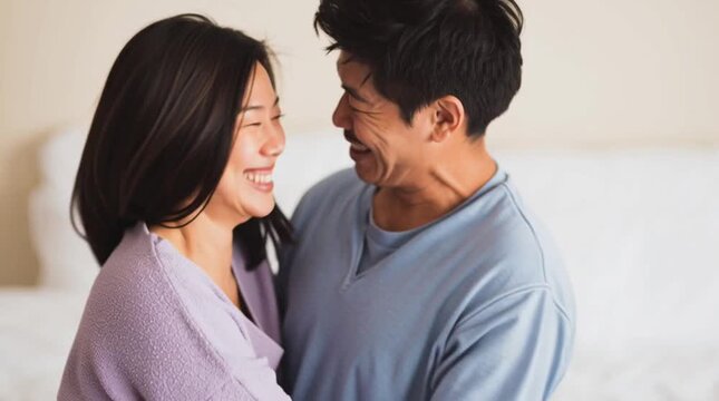 Chubby Japanese woman is happy to be married her amazing husband. Honeymoon of Asian people. Stable relationship