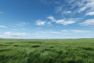 Obraz premium Expansive green grassland under a clear blue sky with scattered clouds, ideal for outdoor activities and serene nature experiences