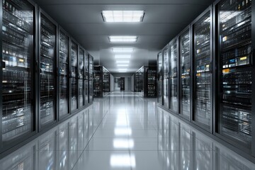 Modern data center showcasing advanced server technology with sleek design and efficient layout in a large telecom facility