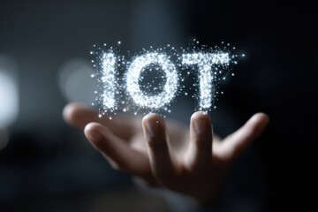 Hand reveals the concept of Internet of Things through double exposure effect, showcasing a modern digital landscape