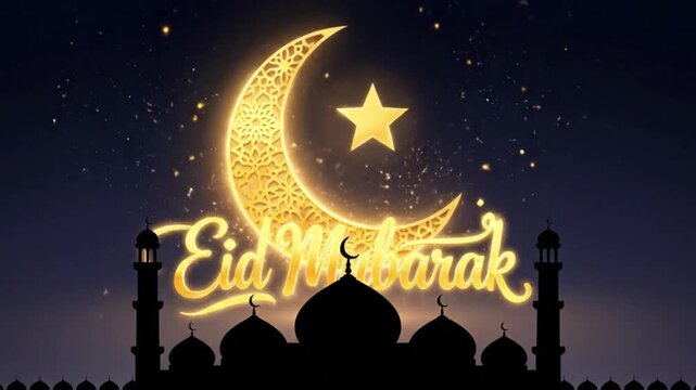 Ramadan celebration video background with glowing crescent moon and star over mosque silhouettes evokes peace and reflection during the holy month