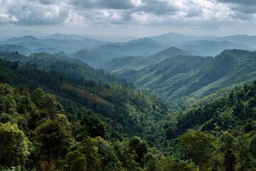 Fototapeta premium Explore the lush green valleys and majestic mountains of Nam Ha National Protected Area in Laos under a dramatic sky