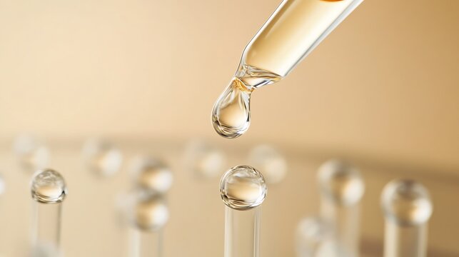 Golden serum dropping from pipette onto reflective surface