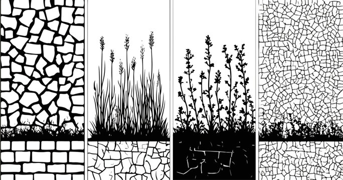 Cole&ccedil;&atilde;o de padr&otilde;es vetoriais monocrom&aacute;ticos com texturas de parede, solo e silhuetas de plantas, ideal para design gr&aacute;fico.
