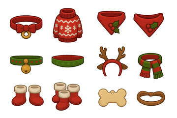 Festive pet accessories for winter holidays featuring cozy sweaters, collars, and more in vibrant red and green colors