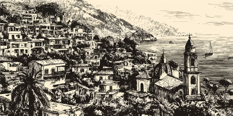 Ilustração vetorial vintage de uma pitoresca vila costeira mediterrânea com casas e uma igreja à beira-mar, evocando charme histórico.