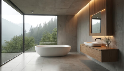 Fototapeta premium Modern bright bathroom interior with big window overlooking forest. White bathtub near glass wall. Minimalist design with wooden furniture, concrete walls. Scandi style clean home design. Nature