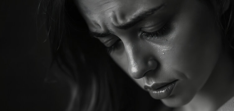 Black, white close-up of young woman crying with tears on face. Expression shows deep sadness, despair. Image conveys feelings of pain, emotional struggle. Could used for mental health awareness