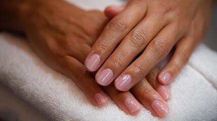 Close-Up of Well-Groomed Hands with Soft Pink Nail Polish on a Soft Towel in a Spa Setting Evoking Relaxation and Pampering Experience