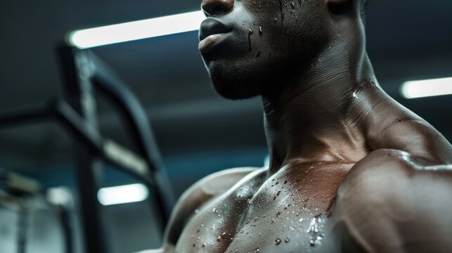 Athletic Male Boxer with Sweat and Droplets in Gym Setting