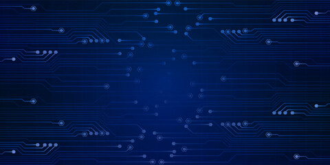 Abstract AI circuit board background. Technology connected blue lines with electronics elements on tech bg. Computer motherboard with a chip, processor, and semiconductor.