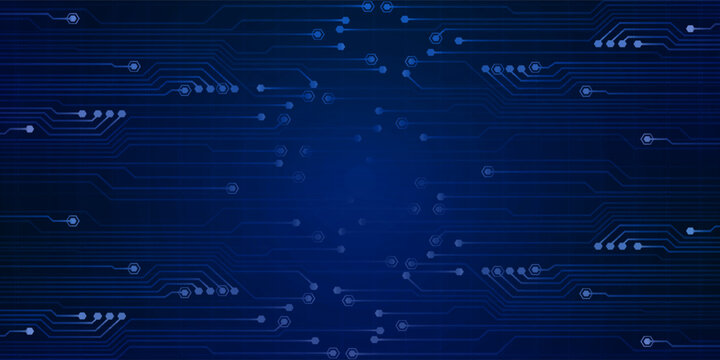 Abstract AI circuit board background. Technology connected blue lines with electronics elements on tech bg. Computer motherboard with a chip, processor, and semiconductor.