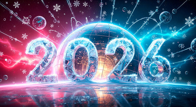 New Year 2026 is a futuristic card featuring planet Earth and glowing numbers against a pink and blue cosmic background. A modern, vibrant holiday illustration.