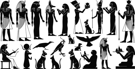 Ancient Egyptian character and symbol set, black vector silhouettes, mythology icons, cultural figures, sacred animals, historical design, flat illustration, spiritual art