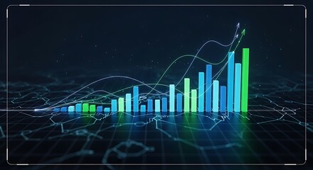 Futuristic glowing bar graph showing upward financial trend with data lines