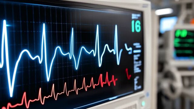 Heartbeat Monitor: A close-up shot of a patient's vital signs displayed on a medical monitor screen, pulsating rhythmically and revealing the health of a life. 