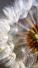 Fototapeta premium Close-up view of a dandelion seed head with delicate, water droplet-covered details