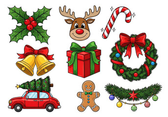 Collection of christmas icons including a car with tree, gingerbread man, and wreath isolated on transparent background