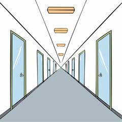 Illustration shows long corridor with many doors on both sides