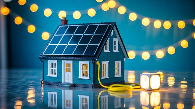 Smart house model with solar panels and glowing cable symbolizing clean renewable energy and green technology
