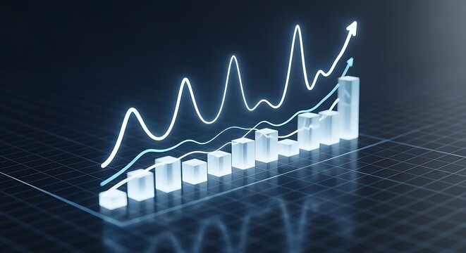 Glowing blue financial graph showing upward trend and growth on dark background