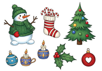 Cute snowman, christmas tree, stocking, ornaments, holly, and candles isolated on transparent background