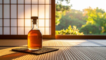 Freshly Brewed Japanese Brandy in a Bottle on Tatami Mat with Natural Light from Window in High Fidelity