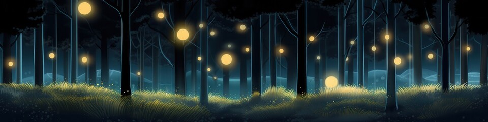 A serene nighttime forest scene illuminated by glowing orbs, surrounded by tall trees and lush grass.