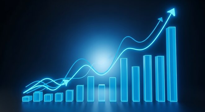 Glowing blue bar chart and line graph showing upward trend