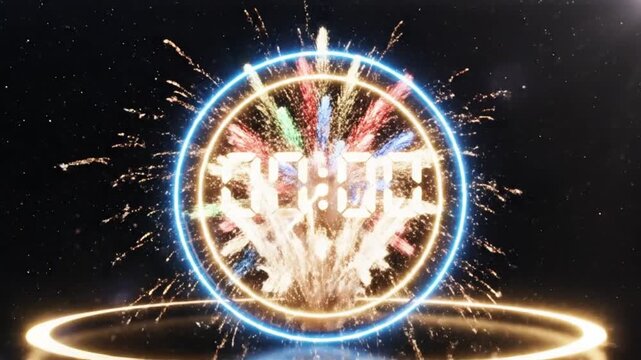 Countdown celebration featuring vibrant fireworks bursting from a digital clock within a circular frame, symbolizing a new year's eve event
