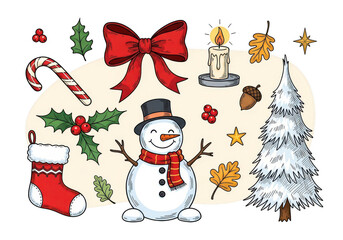 Christmas elements collection with snowman, tree, candle, and stocking isolated on transparent background
