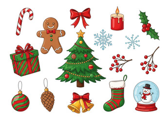 Collection of festive christmas elements isolated on transparent background