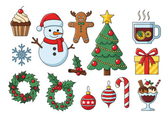 Collection of christmas and winter holiday icons isolated on transparent background