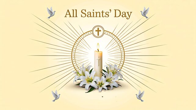 All saints day candle with white lilies and golden cross on light background symbolizing remembrance and faith