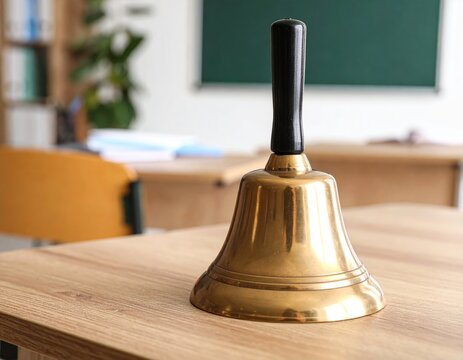Brass School Bell on Wooden Teacher’s Desk with Studio Lighting for Educational Settings