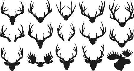 Deer and moose head silhouette vector set, black antler icons, wildlife clipart, hunting design, nature illustration, animal profile artwork collection