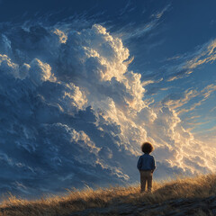 Obraz premium A young boy gazes at the blue sky, watching fluffy white clouds float above.