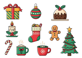 Collection of christmas icons and symbols isolated on transparent background