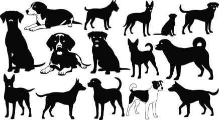Dog breed silhouettes, black and white vector, various canine poses, pet illustration set, animal posture design, stylized dog clipart collection