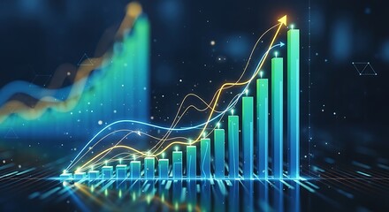 Futuristic glowing financial graph with rising bars and lines on dark background