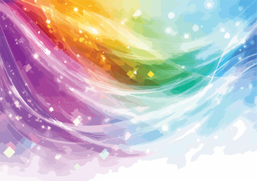 Um fundo abstrato e vibrante com ondas coloridas do arco-íris e brilhos cintilantes, perfeito para design moderno e celebrações.