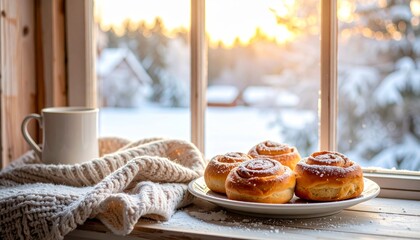 Warm Cinnamon Buns Resting on a Frosted Windowsill Against a Beautiful Winter Village Sunset