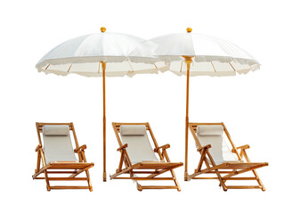 Three lounge chairs under white sun umbrellas