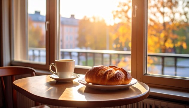 Fresh Pulla Bread and Coffee on a Cozy Table by the Window in a Helsinki Caf&eacute; with Warm Afternoon Light